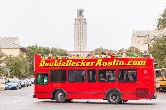 Double Decker Austin Single Loop Sightseeing Tour - LBJ, the Texas stadium, and UT Austin’s tower from the bus window